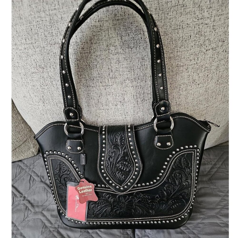 New Women's Vegan Leather Western Tote Bag Tooled Shoulder & Top Handle Handbag - Picture 2 of 10